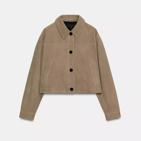 Zara New 100% Leather Suede Collar Jacket Beige NWT - Picture 8 of 14